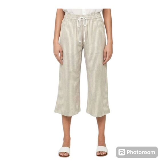Beach lunch lounge cropped striped linen elastic drawstring waist pants - Picture 1 of 9